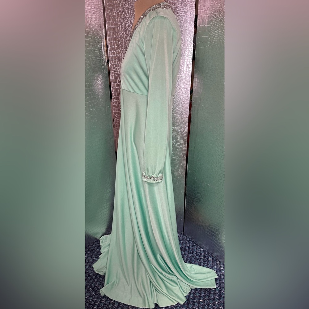 Kay Kipps New York Vintage Elegant Beaded Mint Green Long Sleeve Evening Dress - Picture 9 of 14